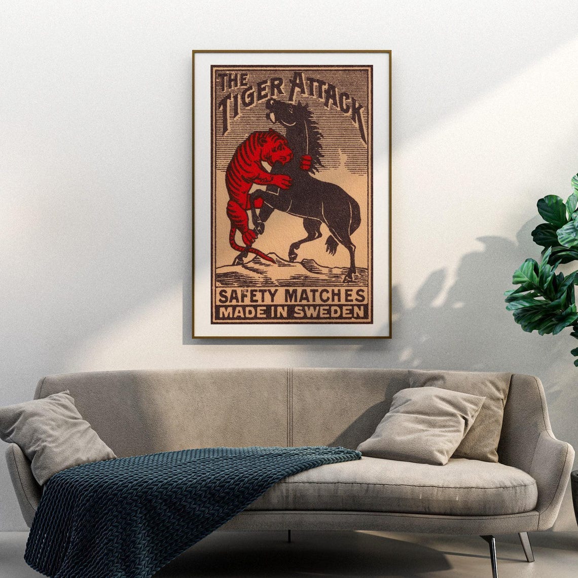 The Tiger Attack Horse Battle Clash Vintage Sweden Match Label Poster - Image 3