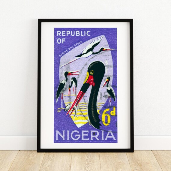 Saddle Bill Stork Vintage Nigeria Art Postage Stamp Print Aesthetic Wall Art Postage Stamp Wall Poster Vintage African Art