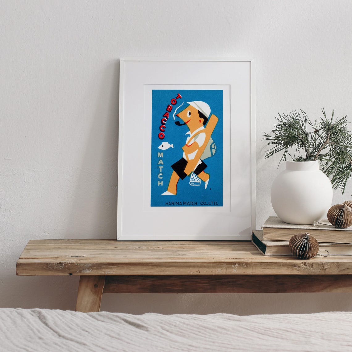Fisherman Smoking Tobacco Match Harima Japanese Matchbox Poster Art - Image 3
