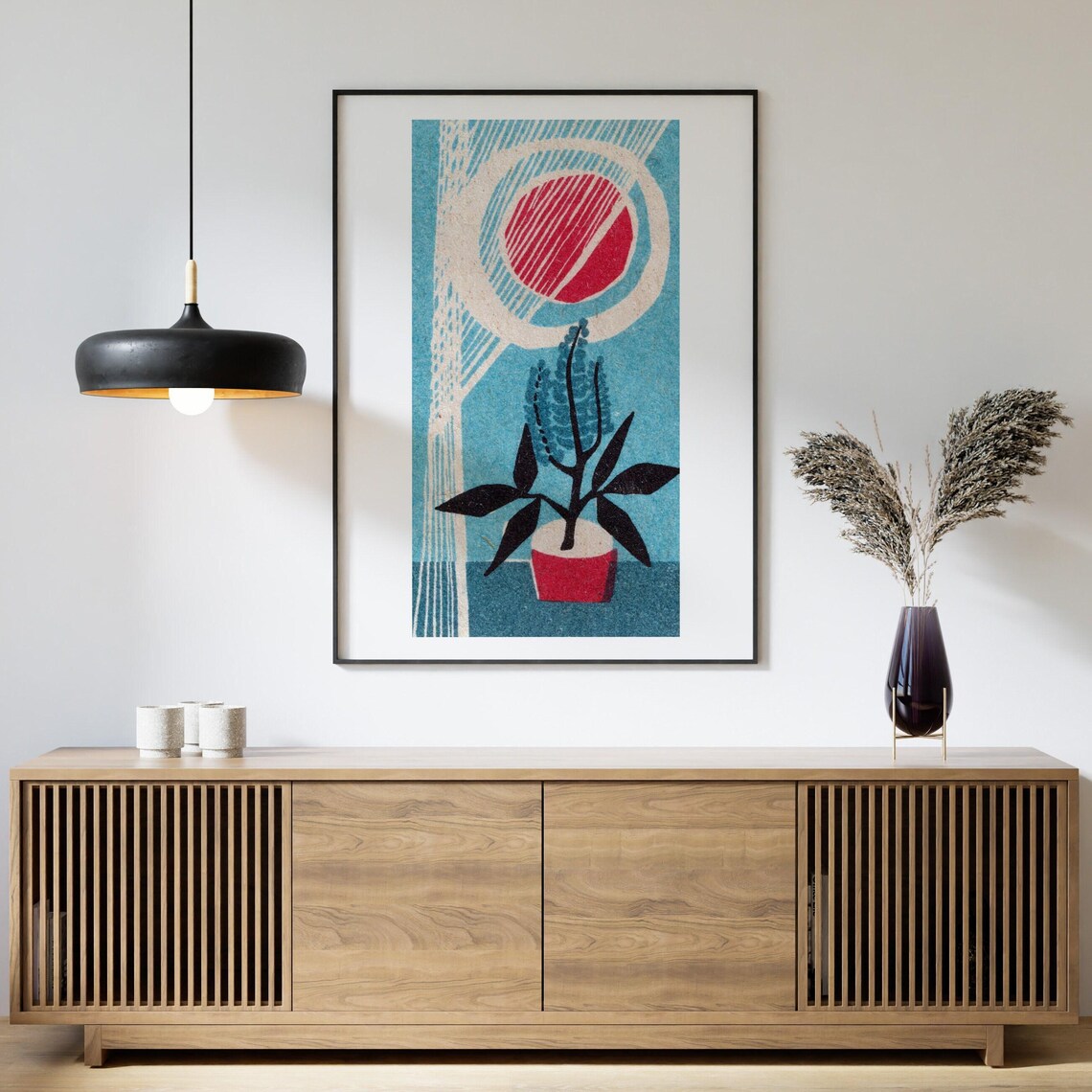 Potted Houseplant Red Pot Big Sun Mid Century Modern Art Poster - Image 4
