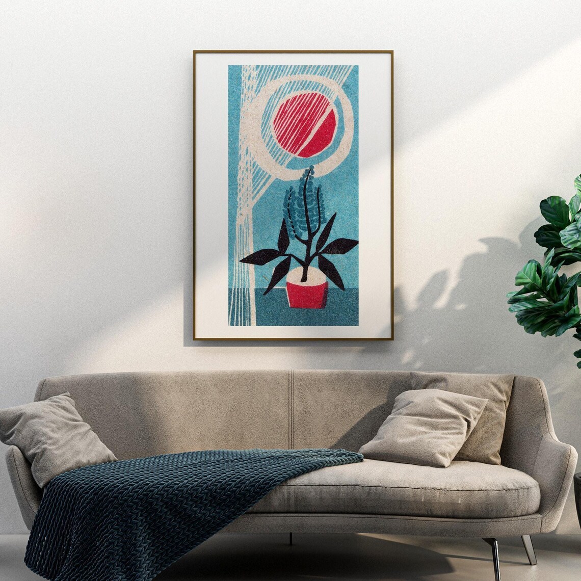 Potted Houseplant Red Pot Big Sun Mid Century Modern Art Poster - Image 3
