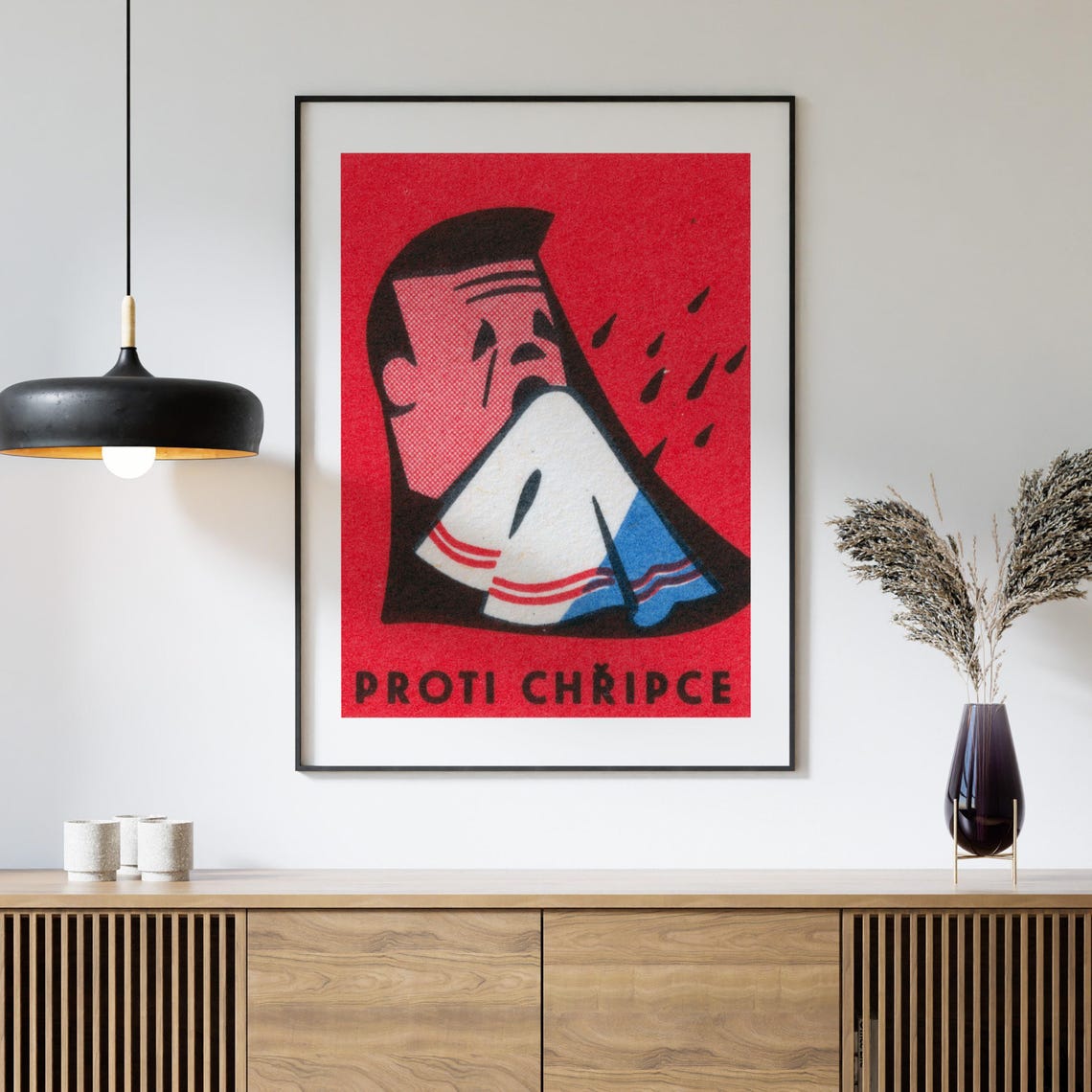 Vintage Proti Chripce Flu Health Cartoon Red Matchbox Art Poster - Image 4