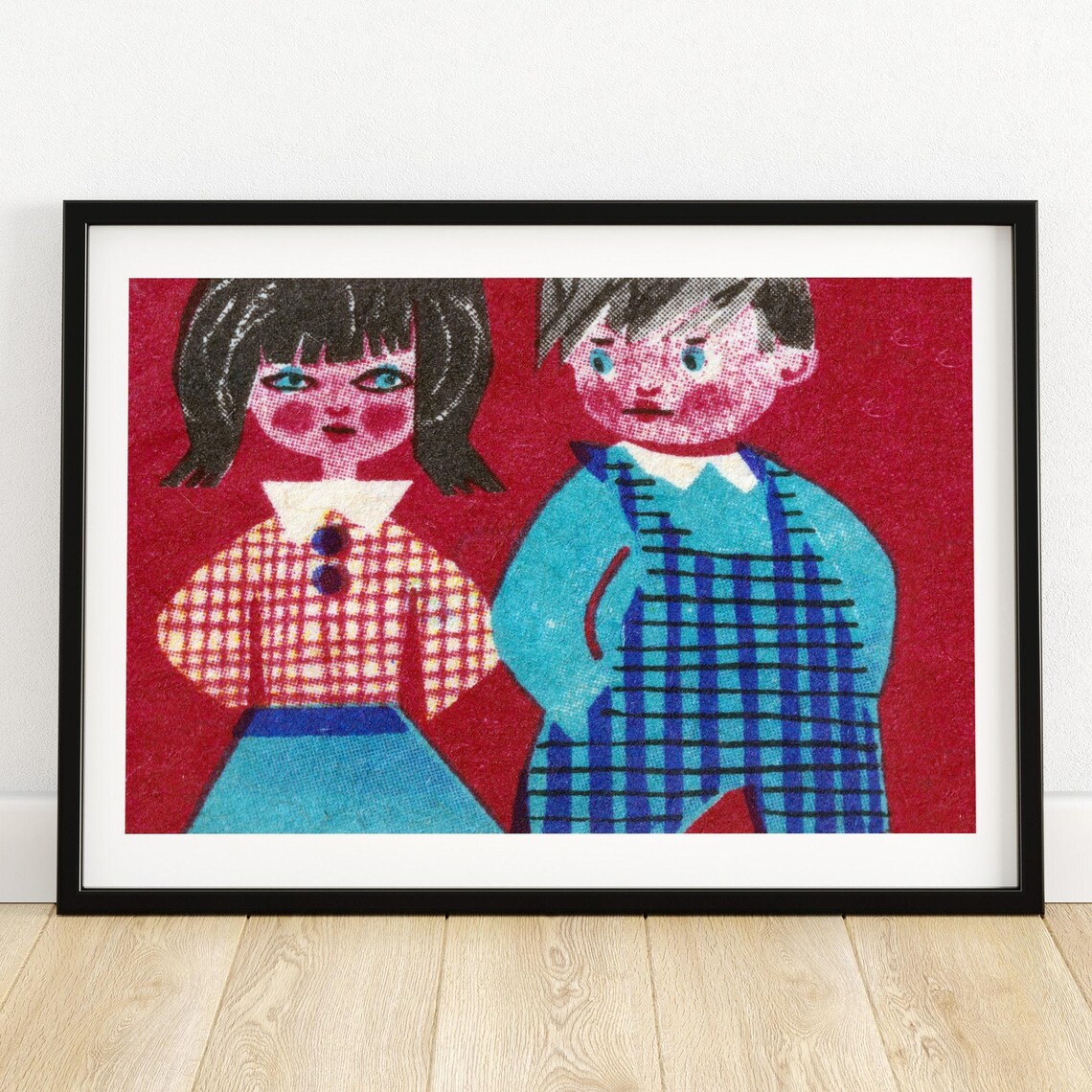 Two Children On Red Vintage Mid Century Matchbox Label Art Poster