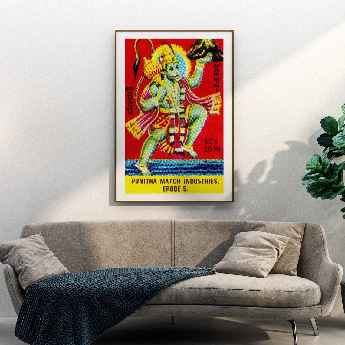 Maruthi Hanuman Indian Matchbox Label Deity Red Vintage Art Poster - Image 3