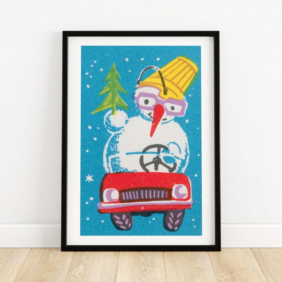Christmas Snowman In Car Vintage Poster Print