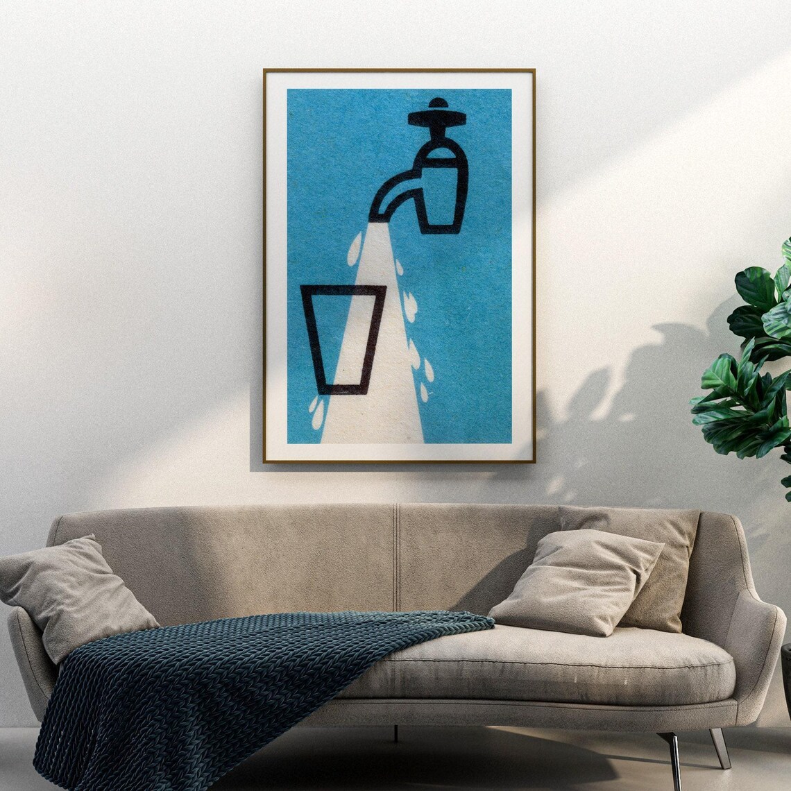 Water Tap Faucet Glass Blue Vintage Matchbox Label Art Poster - Image 3