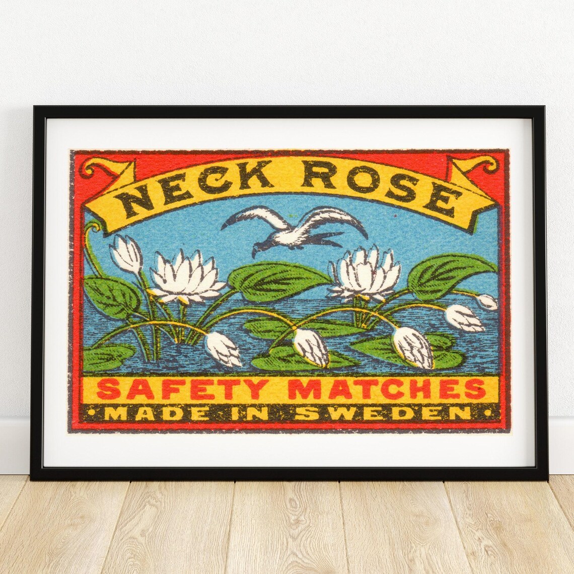 Neck Rose Water Lilies Vintage Swedish Safety Matches Label Poster