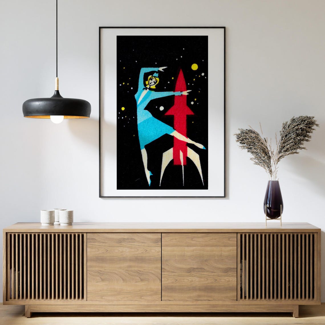 Space Age Woman Dancing with Red Rocket Vintage Matchbox Poster - Image 4