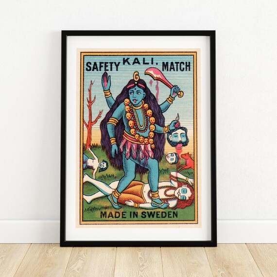 Kali Matchbox Art Print Swedish Design Vintage Inspired Decor Colorful Hindu Goddess Illustration Unique Wall Art Collectible A4