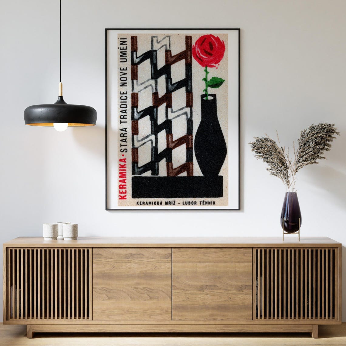 Czech Ceramics Red Rose Black Vase Tile Design Vintage Poster Art - Image 4