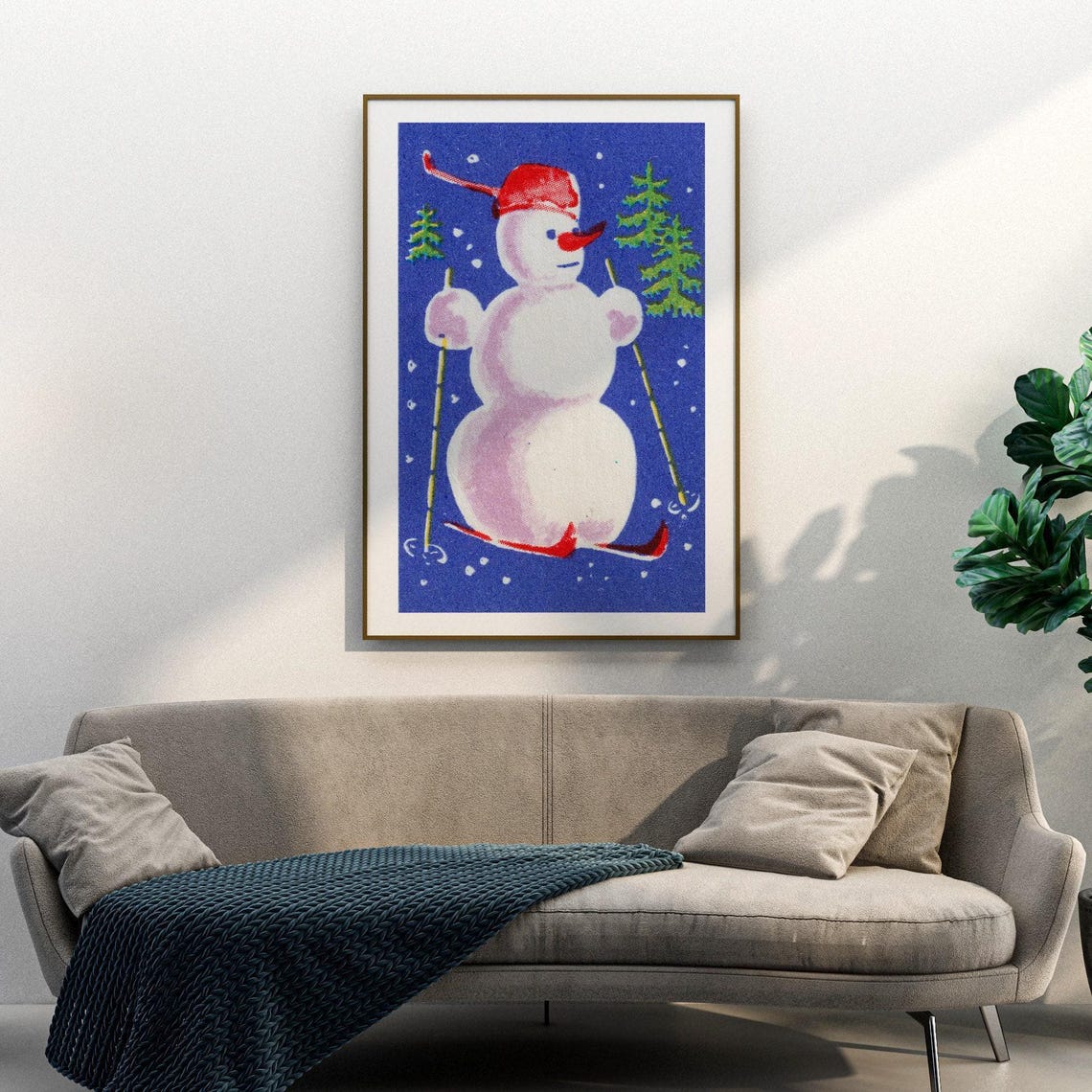 Skiing Snowman Red Cap Winter Night Vintage Christmas Matchbox Poster - Image 3