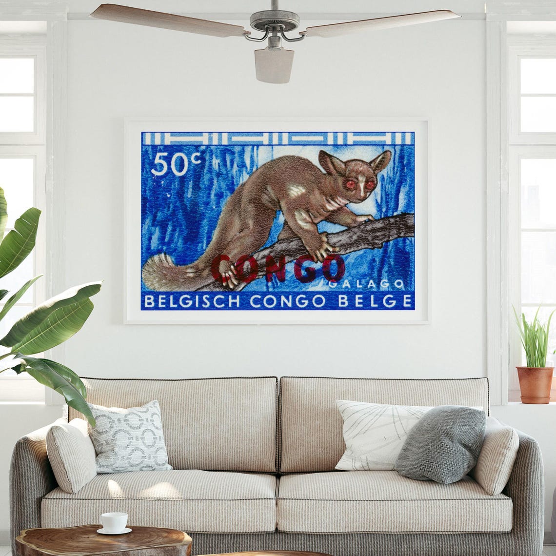 Belgian Congo Galago Bush Baby 50c Overprint Stamp Art Poster - Image 3