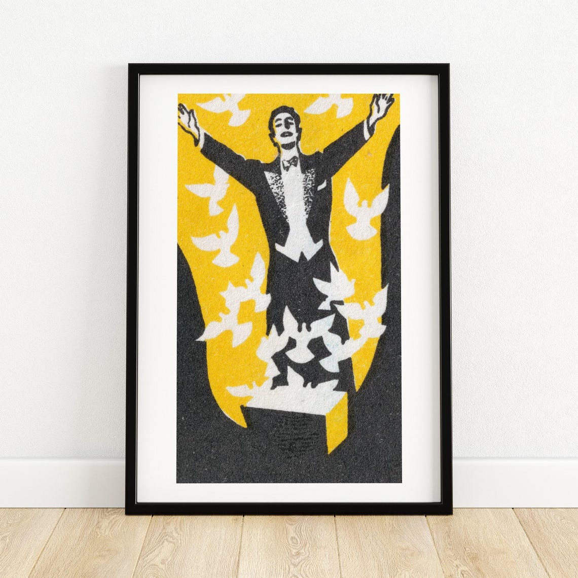 Magician Releasing Doves Yellow Black Matchbox Art Vintage Poster