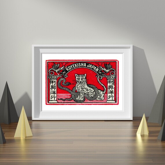 Koyekisha Tiger and Dragons Red Vintage Japanese Matchbox Label Poster