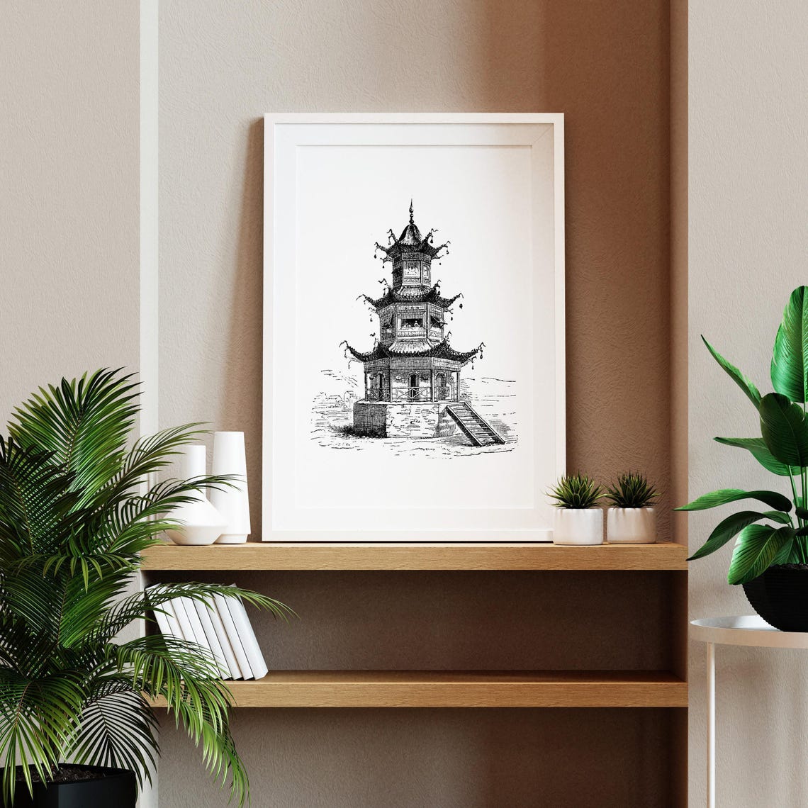 Three Tiered Pagoda Temple Black White Engraving Architecture Poster - Image 2