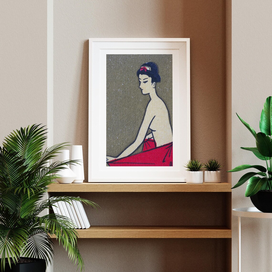 Japanese Woodblock Geisha Woman Red Wrap Grey Ground Art Poster - Image 2
