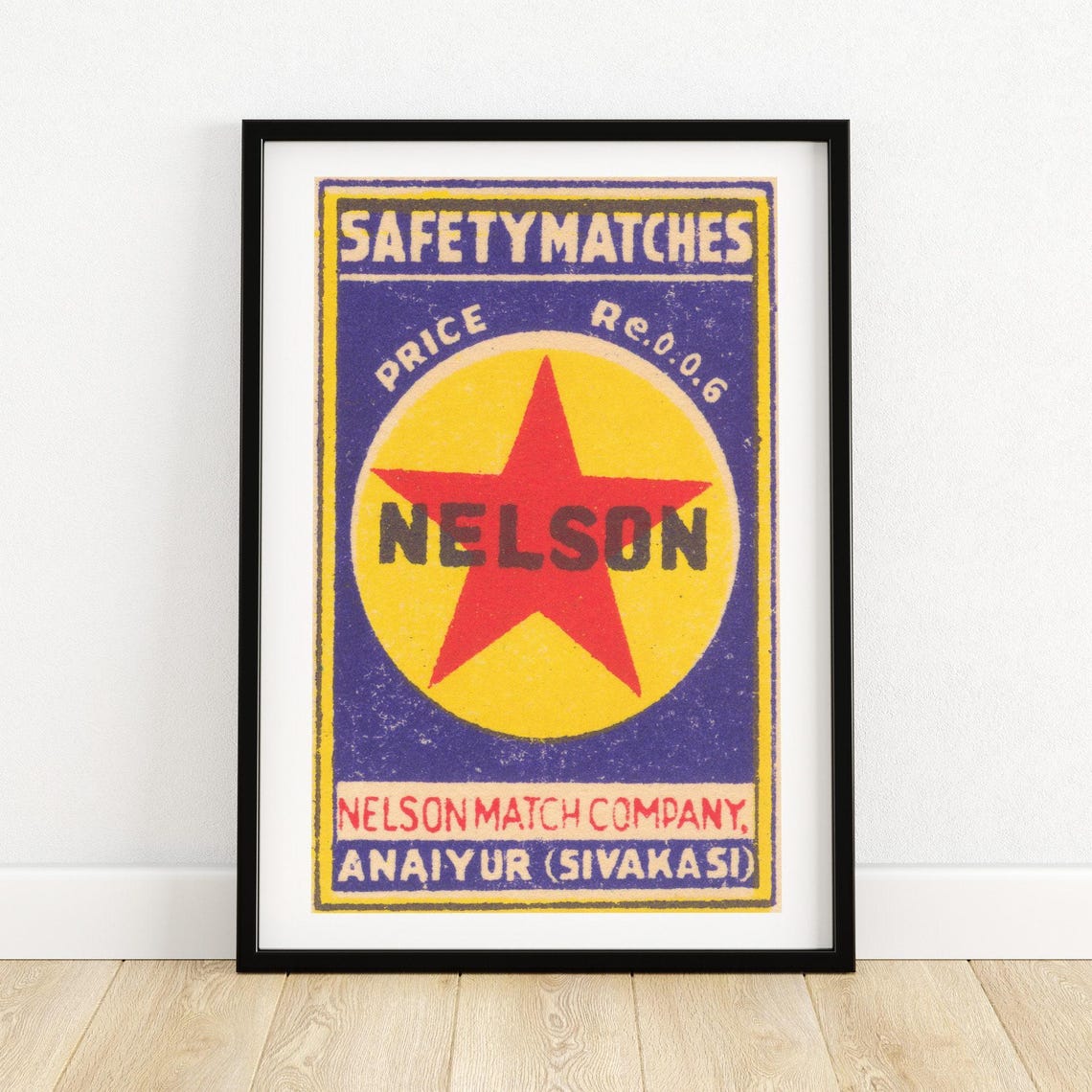 Nelson Safety Matches Star Label Indian Red Blue Vintage Art Poster