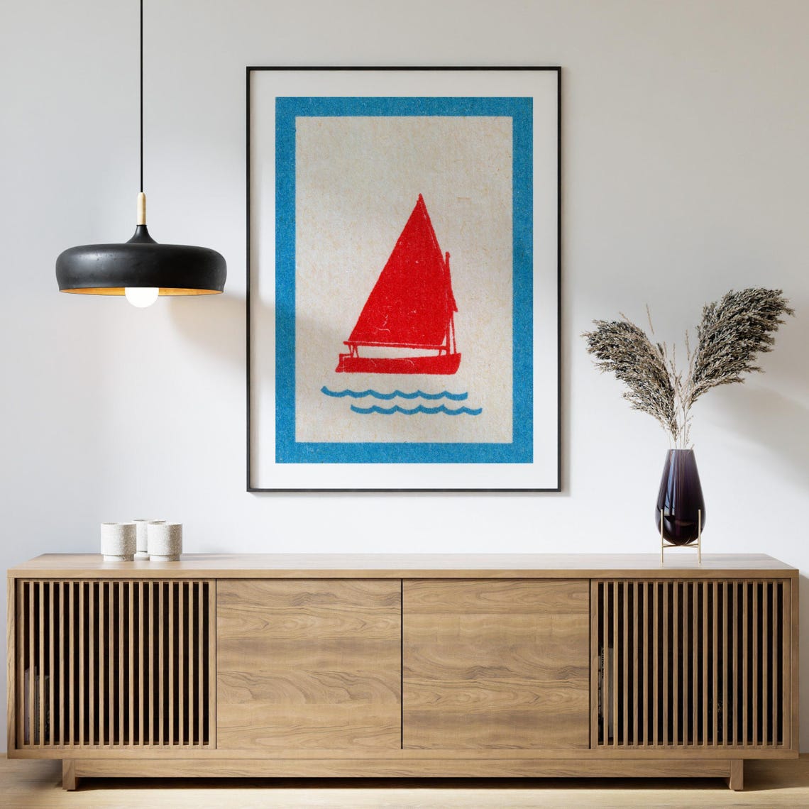 Red Sailboat Blue Waves Minimalist Vintage Matchbox Style Art Poster - Image 4