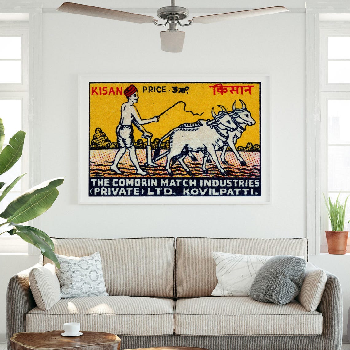 Kisan Farmer Oxen Plow Vintage Indian Safety Matches Label Poster - Image 3