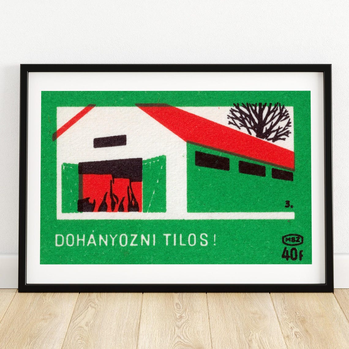 No Smoking Barn Fire Vintage Hungarian Matchbox Label Art Poster
