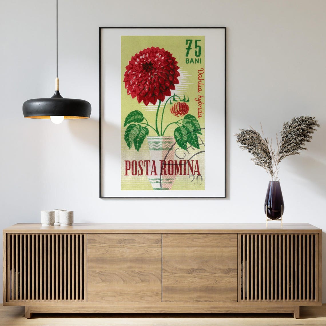 Red Dahlia Romania Postage Stamp 75 Bani Floral Vintage Poster - Image 4