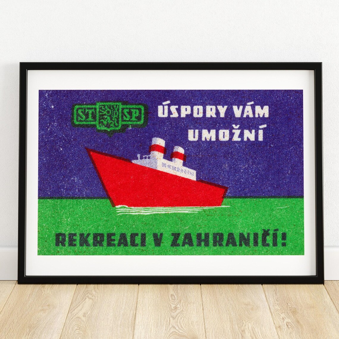 Red Cruise Ship Savings Travel Abroad Czech Matchbox Label Poster