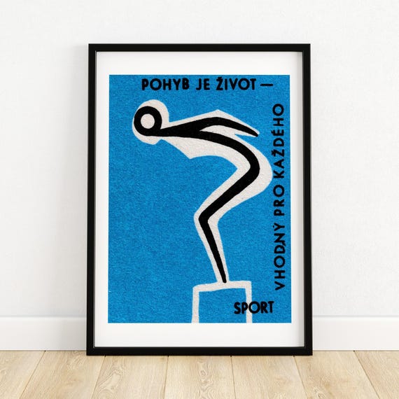 Swimming For Health Matchbox Print Czech Wall Art Vintage Czech Art Matchbox Wall Poster Vintage Poster Print