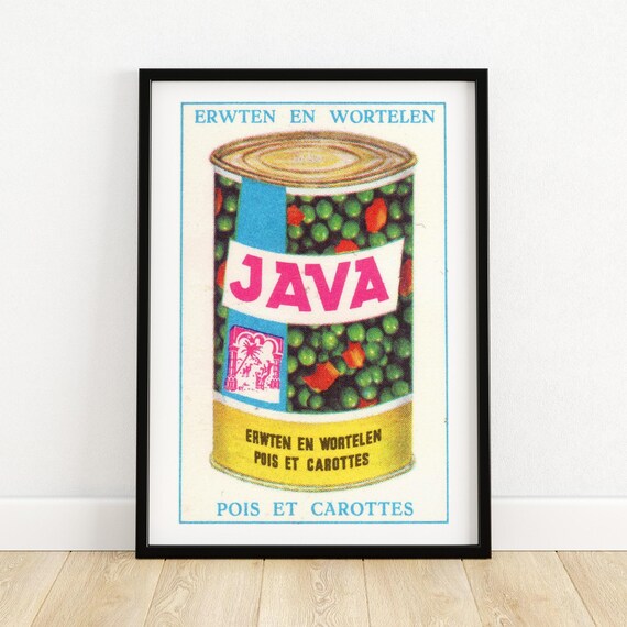 Java Peas And Carrots Art Print Vintage Food Can Label Mid Century Kitchen Decor Retro Wall Art Collectible Graphic Design A4