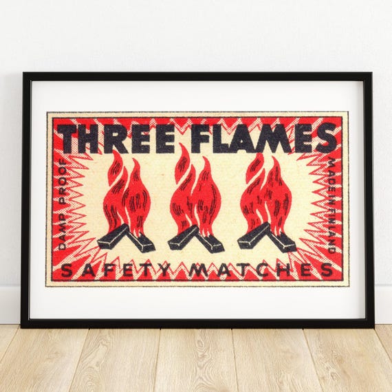 Three Flames Matchbox Art Print Vintage Style Collectible Decor Bold Red Retro Graphic Poster Mid Century Modern Wall Art A4