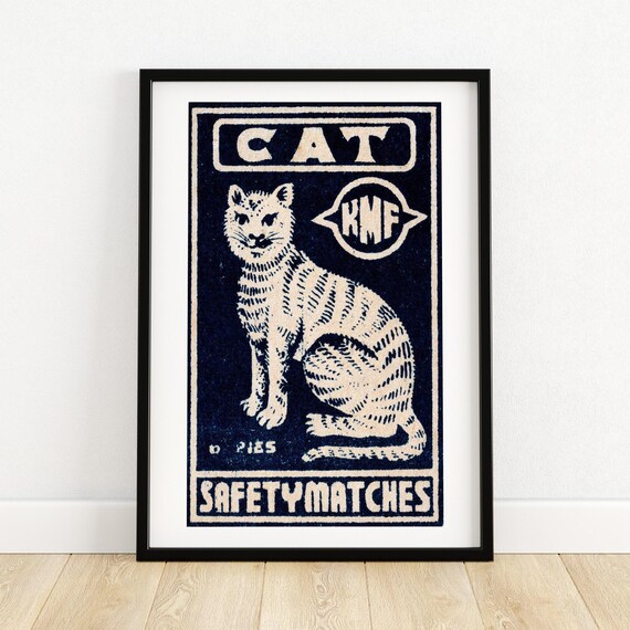 White Cat KMF Safety Matches Label Dark Blue Retro Vintage Feline Poster