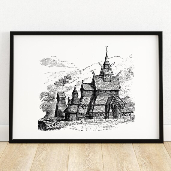 Borgund Stave Church Norway Wooden Medieval Church Engraving Poster
