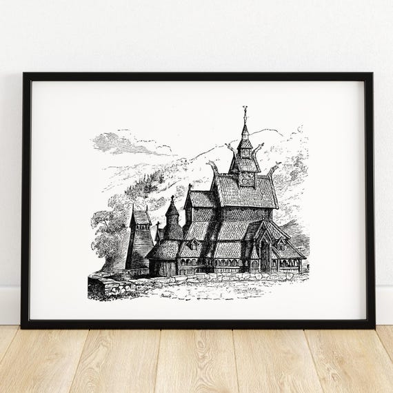 Church At Borgund Architectural Illustration Historical Wall Art Unique Home Decor