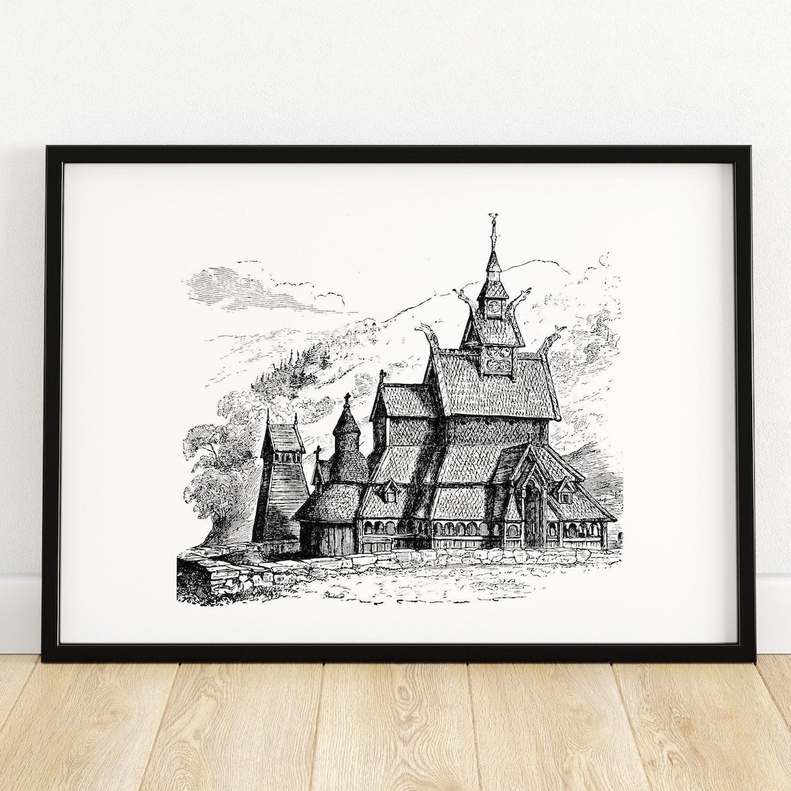 Borgund Stave Church Norway Wooden Medieval Church Engraving Poster