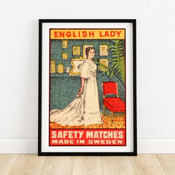 English Lady Safety Matches Art Print Vintage Swedish Matchbox Design Classic Collectible Wall Decor Gift For Art Lovers A4