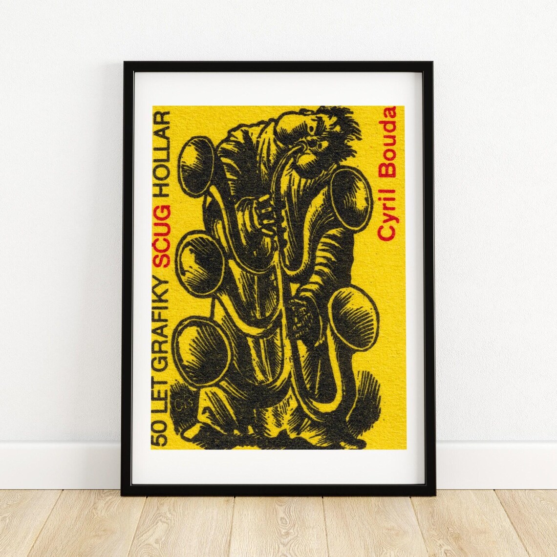 Yellow Tuba Player Matchbox, Vintage Czech Poster Print