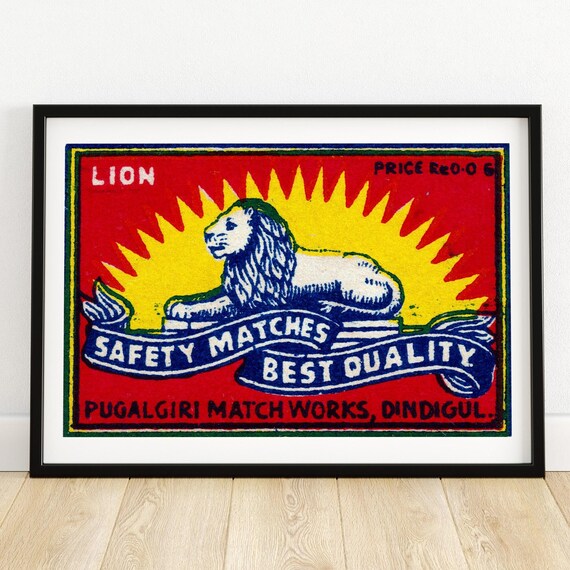 Lion Safety Matches Vintage Indian Matchbox Label Art Poster