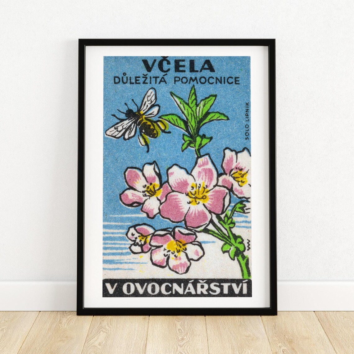 Pink Flower Yellow Bee Matchbox Vintage Czech Art Print
