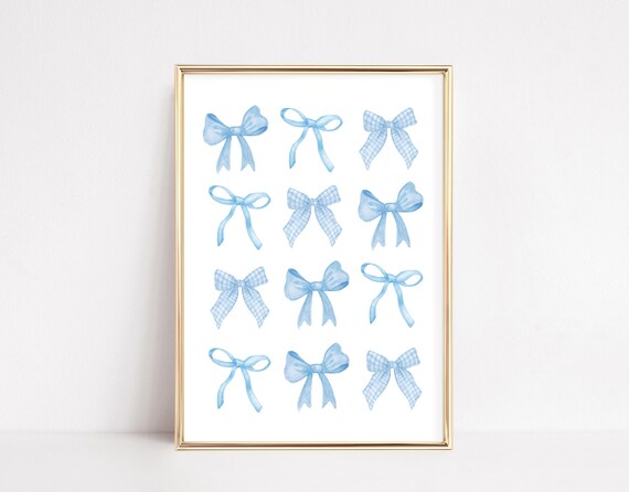 Trendy Blue Bows Wall Art Print Coquette Room Decor Gift For Her Girlfriend Daughter Nursery Apartment Dorm