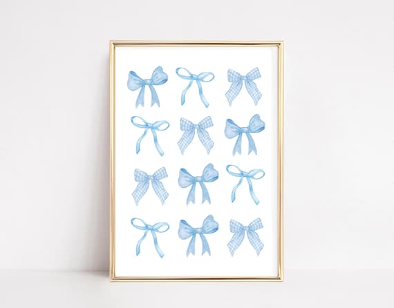 Twelve Blue Watercolor Bows Coquette Girl Room Decor Gift Poster