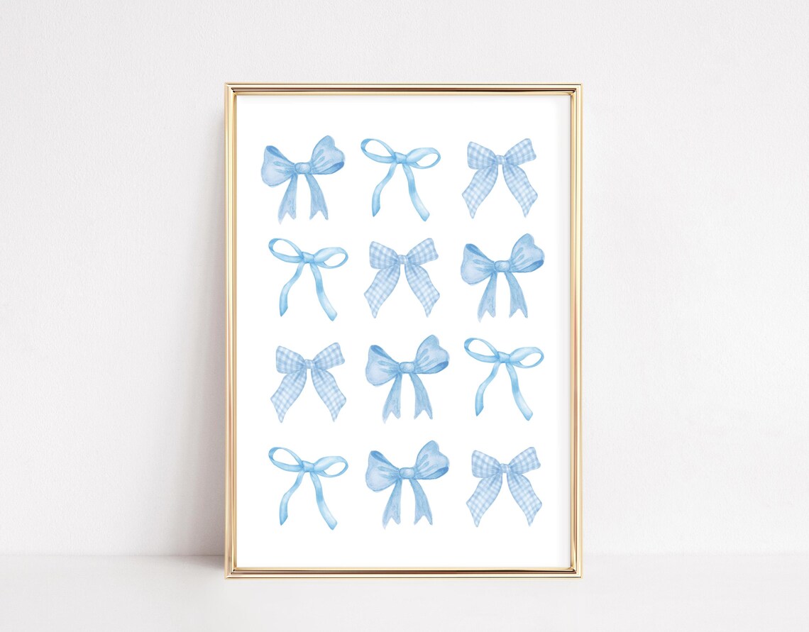 Twelve Blue Watercolor Bows Coquette Girl Room Decor Gift Poster