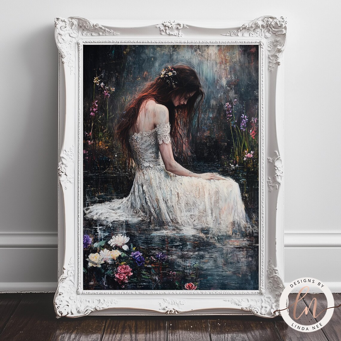 Dark Woman White Dress Lake Flowers Gothic Victorian Moody Art Poster