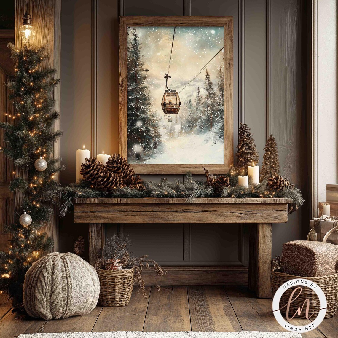 Vintage Gondola Ski Lift Christmas Art Print - Image 2