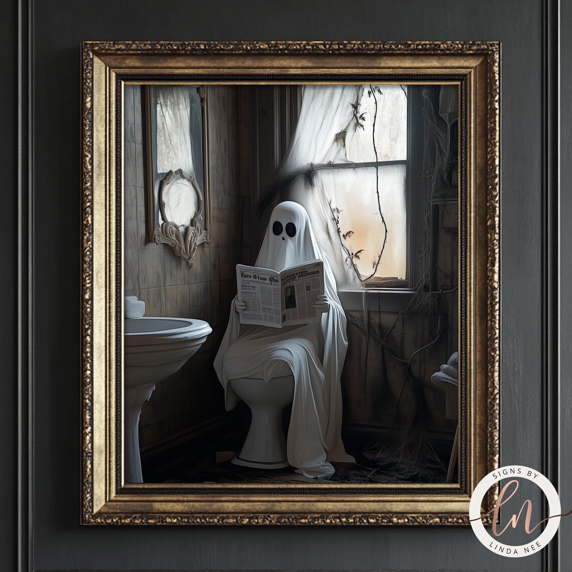 Funny Ghost Sitting On Toilet Reading Newspaper Spooky Bathroom Wall Poster - Image 5