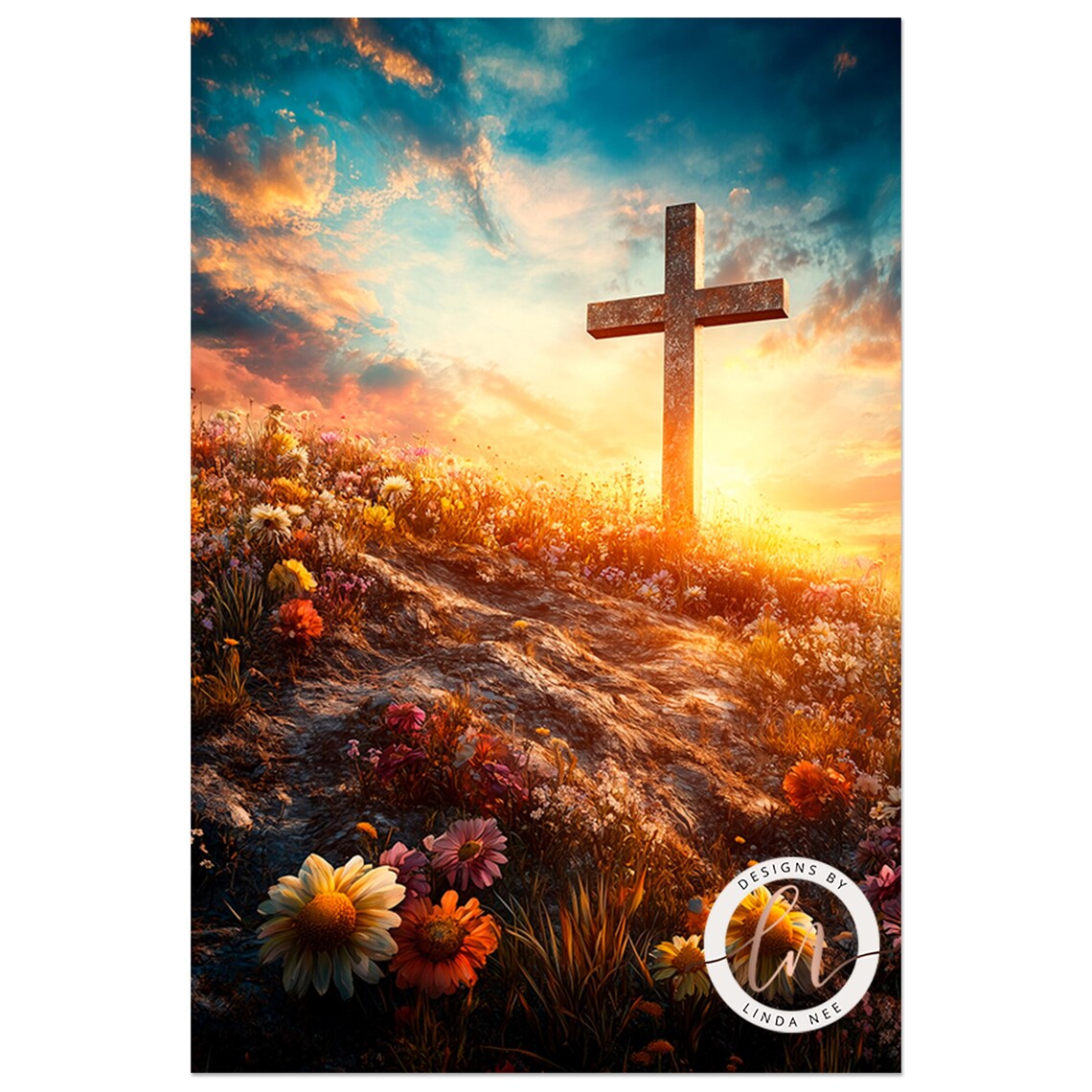Wooden Cross Hilltop Sunrise Wildflowers Easter Resurrection Wall Art Poster - Image 4