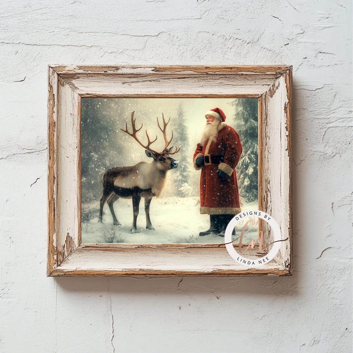 Vintage Santa Claus Reindeer Snowy Forest Christmas Nostalgic Poster - Image 3