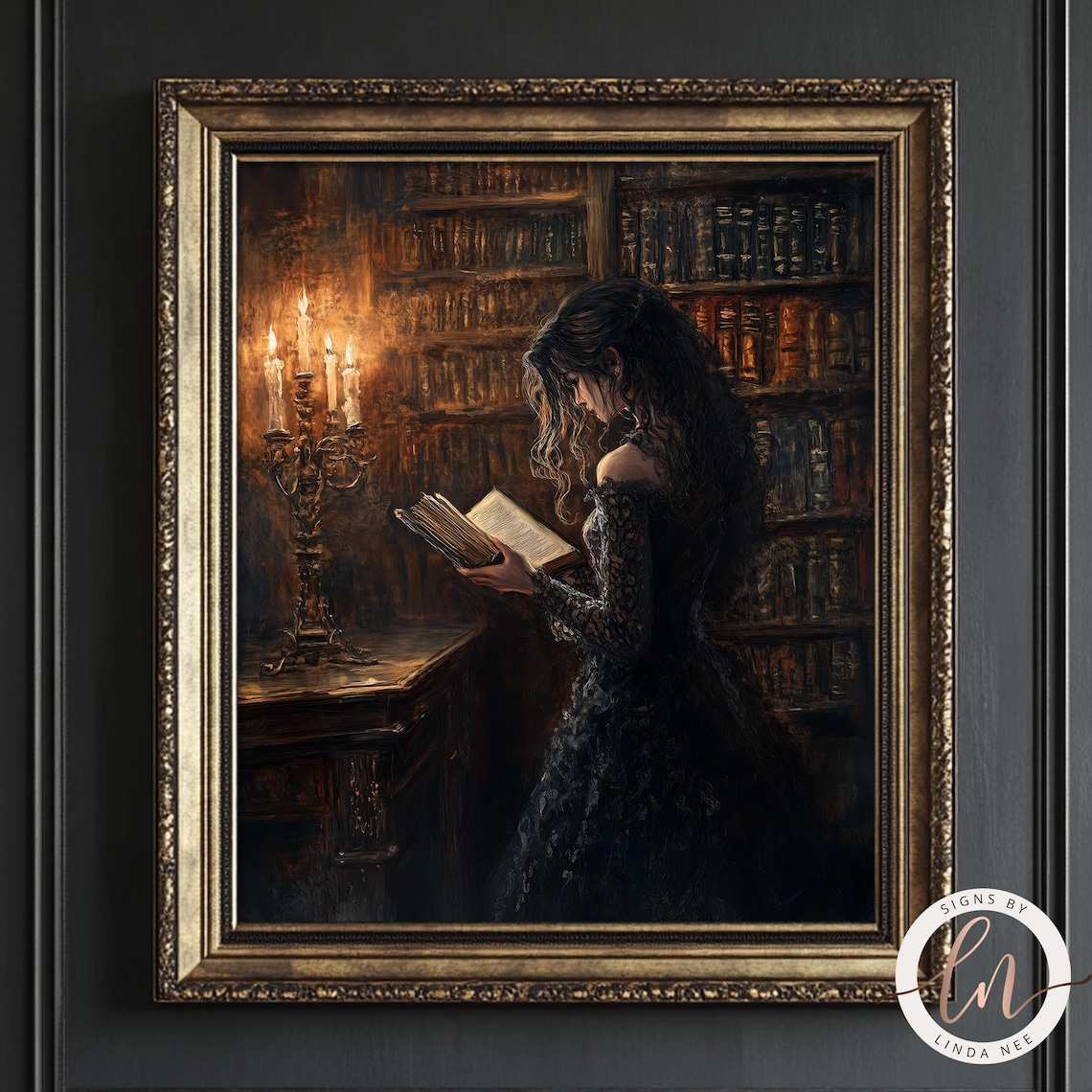 Victorian Woman Reading Library Art Print - Image 3