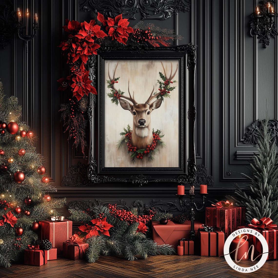 Reindeer, Vintage Christmas Nature Rustic Art Print - Image 2