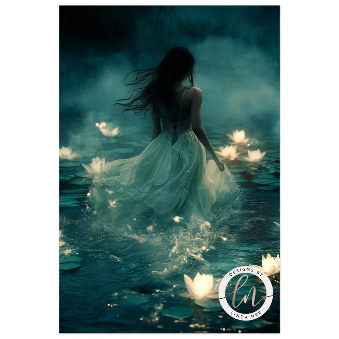 Woman in Lake With Glowing Lilies, Dark Academia Art Print - Image 4