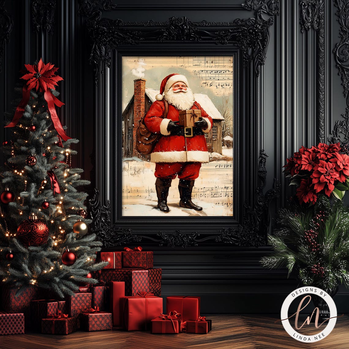 Vintage Santa Claus Print Christmas Wall Art Santa Oil Painting Victorian Dark Academia Winter Holiday Old Sheet Music Art 6 Xms060 - Image 2