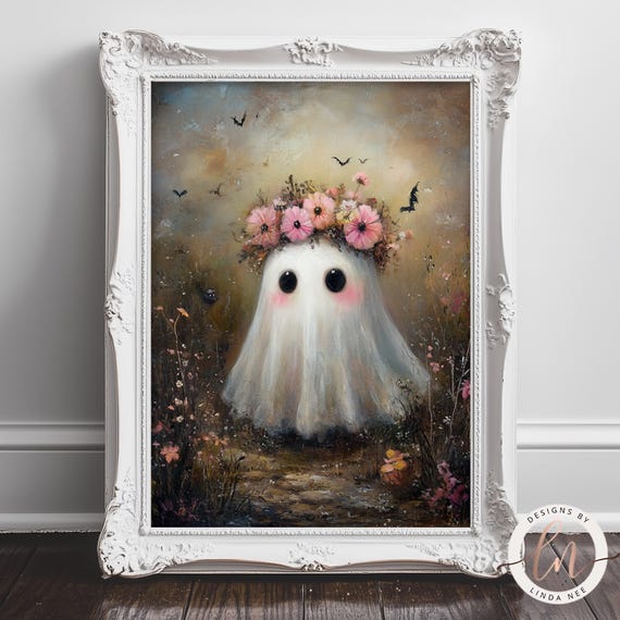 Cute Ghost Flower, Vintage Gothic Halloween Print